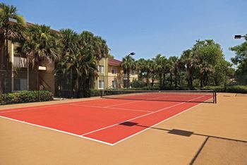 a red tennis court with palm trees in the background